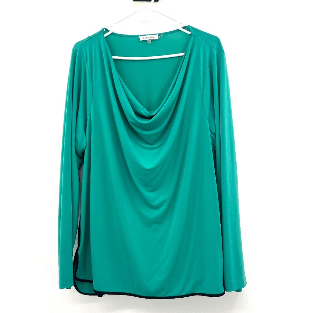 Calvin Klein Green Black Piped Cowl Neck Long Sleeve Blouse Women's 2X